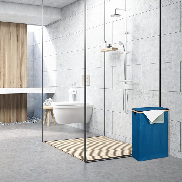 Relaxdays Wäschekorb 105 l, faltbar, Bambus & Polyester, tragbar, Petrol/Natur