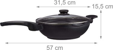 Relaxdays pfanne mit Glasdeckel 30 cm,  mit Antihaftbeschichtung für Gas-, Elektroherd, Griff, 4 Liter, schwarz (Wok Induktion)