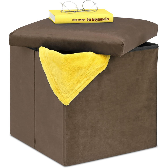 Relaxdays Sitzhocker, faltbar, 38x38x38 cm, Stauraum, MDF & Samt, Braun