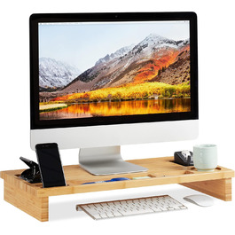 Relaxdays Monitorständer Bambus, Bildschirmerhöhung mit Stauraum, 9x60x30cm