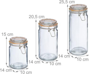 Relaxdays Vorratsgläser, 3er Set, 600-1200 ml, Bügelverschluss, transparent