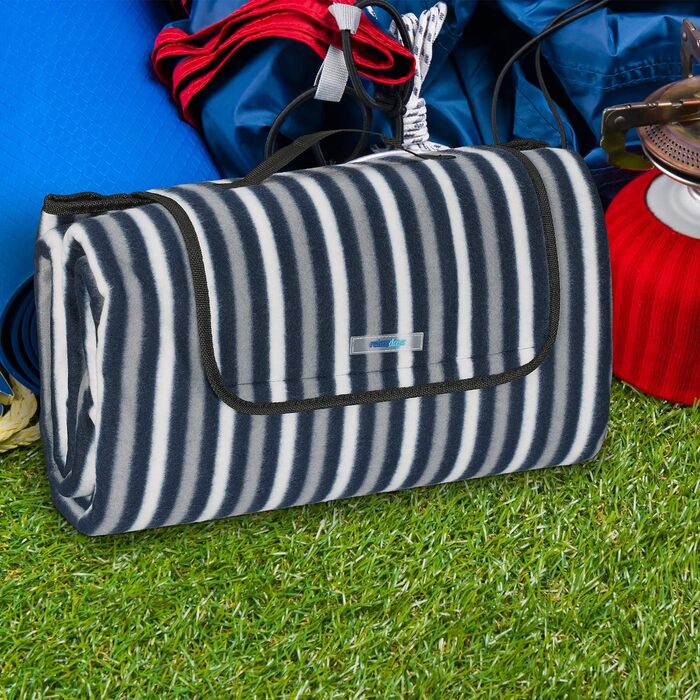 Relaxdays XXL Picknickdecke, 200 x 200 cm, Fleece Stranddecke, wärmeisoliert, wasserdicht, Tragegriff, blau/grau/weiß