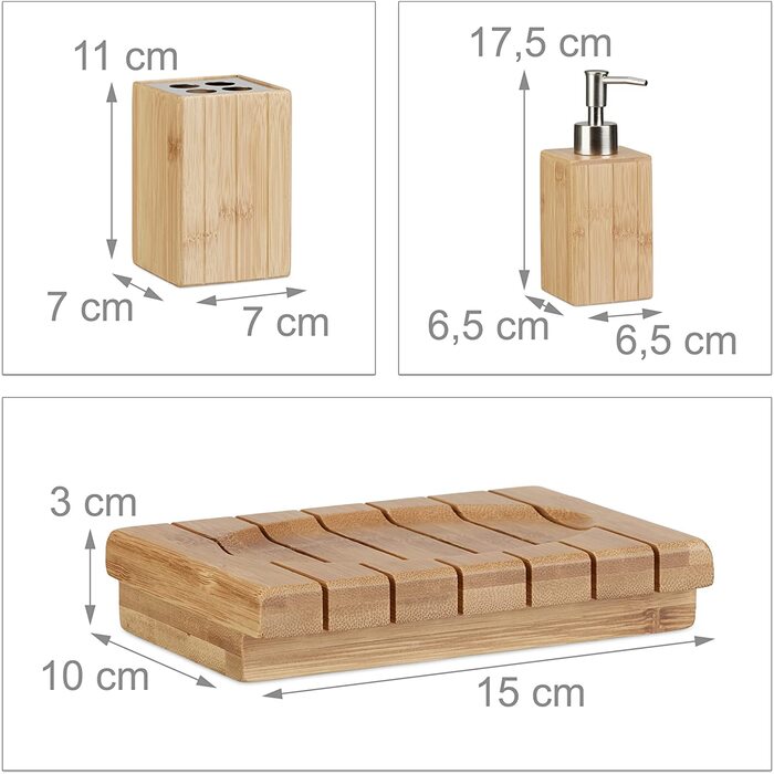 Relaxdays Badaccessoires Bambus, 3-teiliges Badezimmer Set aus Seifenspender, Seifenschale u. Zahnbürstenhalter, natur, 10 x