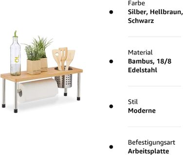 Relaxdays Küchenregal für Arbeitsplatte, Küchenrollenhalter & Besteckkorb, Gewürzregal, Bambus & Edelstahl, natur/silber, 21 x 55 x 18 cm