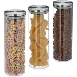 Relaxdays Vorratsglas 3er Set, luftdicht, Edelstahl Deckel, 1,8 l, für Pasta, Müsli & Reis, transparent