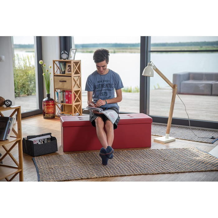 Relaxdays Faltbare Sitzbank XL Kunstleder, 38x114x38 cm, Sitztruhe mit Stauraum, Dunkelrot