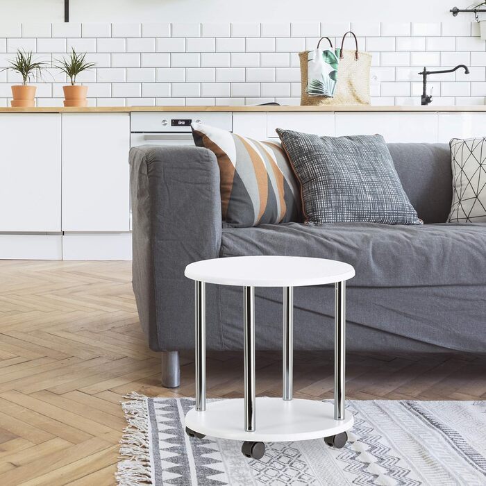 Relaxdays rollbarer Beistelltisch, Holz, 4 Rollen, 2 Ebenen, MDF, HBT: 41,5x40x40cm, weiß rund