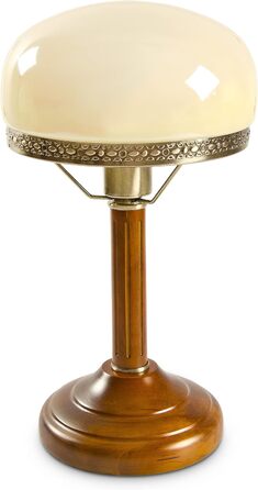 Relaxdays Tischlampe Rund Holzfuß Nostalgie Jugendstil Look, beige/Messing-Optik 10016611, Antik Single