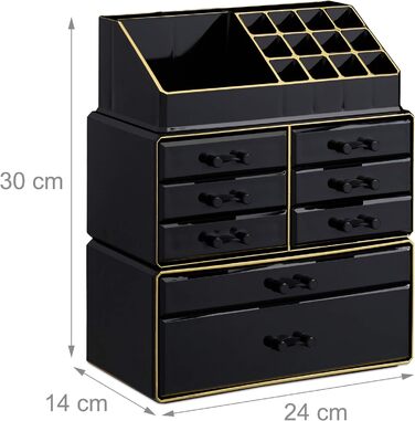 Relaxdays  x Make Up Organizer mit Schubladen, stapelbarer Schmuckkasten für Make Up, Acryl Schminkaufbewahrung,     Stück (1, Schwarz-gold, 1 Stück)