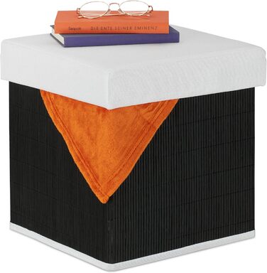 Relaxdays Sitzhocker, faltbar, Stauraum, 35x35x35 cm, Bambus, Schwarz/Weiß