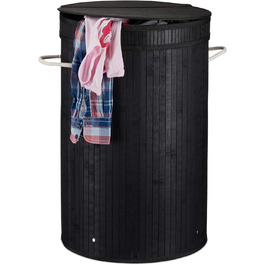 Relaxdays Wäschekorb Bambus, runder Wäschesammler mit Klappdeckel, 65 l, faltbare Wäschetonne, rund Ø 40 cm, schwarz
