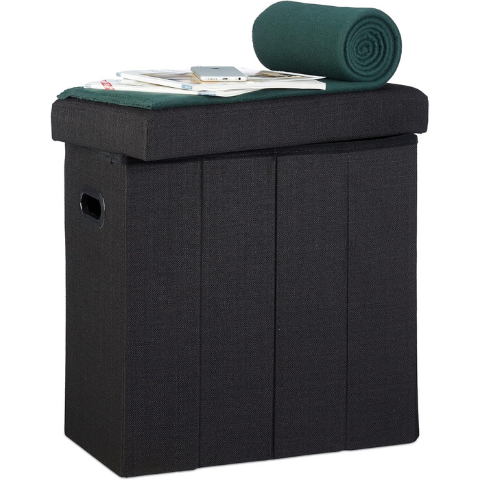 Relaxdays Faltbarer Sitzhocker mit Stauraum, Griffe, Leinen, Polyester, MDF, Schwarz, 49,5x46x25,5 cm