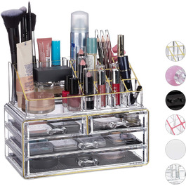 Relaxdays Make Up Organizer Acryl, 2-teilige Schminkaufbewahrung mit Lippenstifthalter und 4 Schubladen,  19 x 24 x 13.5 cm (Transparent/Gold)