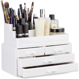 Relaxdays Make Up Organizer mit 4 Schubladen, Kosmetik Halter f. Nagellack u. Lippenstift, Make Up Kit aus Acryl, weiß, 14 x 23.5 x 19 cm