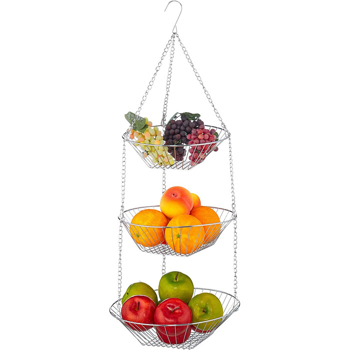Relaxdays Hängekorb 3 Etagen, Obstkörbe, 3er Etagere für Decke, platzsparend in Küche, Stahl, silber, 73x28x28cm