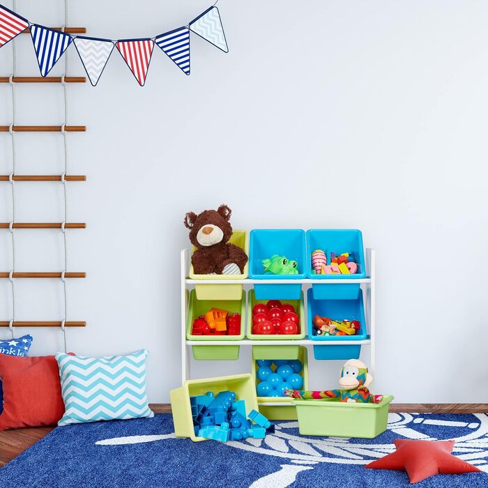 Relaxdays Kinderregal, 9 Aufbewahrungsboxen, Meerjungfrau Motiv, MDF, Kunststoff, Spielzeugregal HBT 67x65x31,5 cm, bunt