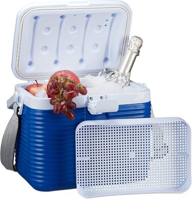 Relaxdays kleine Kühlbox, mit Griff, Tragegurt, Kunststoff Kühltasche, ohne Strom, 8 l, HBT 23,5 x 31 x 21 cm, weiß-blau