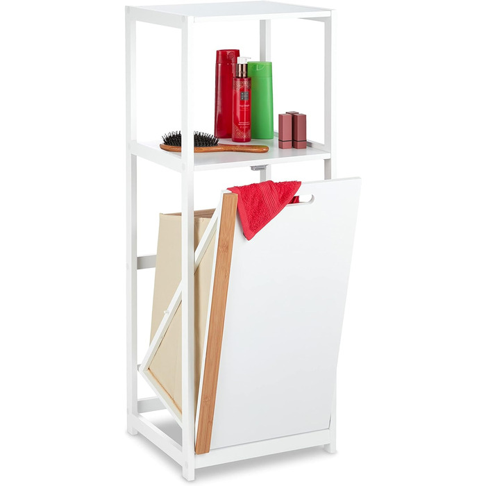 Relaxdays Badregal mit Wäschekorb, 2 Ablagen, kippbar, MDF & Bambus, 98x36x30 cm, weiß/natur
