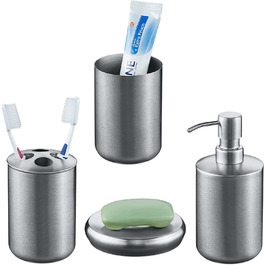 Relaxdays Badezimmer Set, 4-teilig, Seifenspender, Seifenschale, Zahnputzbecher, Zahnbürstenhalter, Edelstahl, Silber 1003887