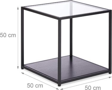 Relaxdays, schwarz Beistelltisch Glas+Holzablage, Metallgestell, robust, quadratisch, Flacher Couchtisch HBT 50x50x50 cm, Standard