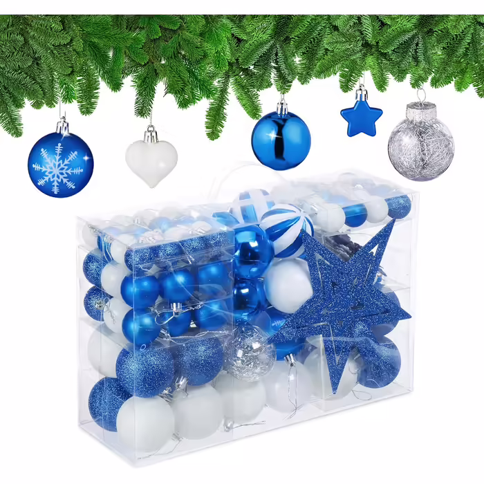 Relaxdays Weihnachtskugeln 101er Set, Kunststoff, Baumdeko mit Kugeln & Spitze, rosa/weiß (Blau)