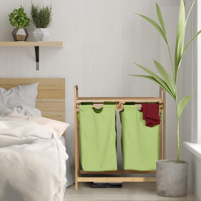 Relaxdays Bambus Wäschekorb, 2 Fächer, ausziehbar, 60L, Natur