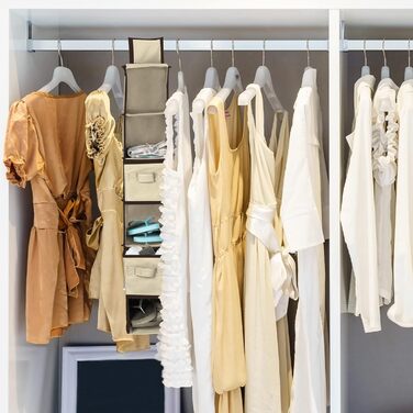 Relaxdays Hängeregal Stoff, 6 Fächer, 2 Schübe, für Kleiderschrank, HBT: 82x14,5x30 cm, Beige/Dunkelbraun