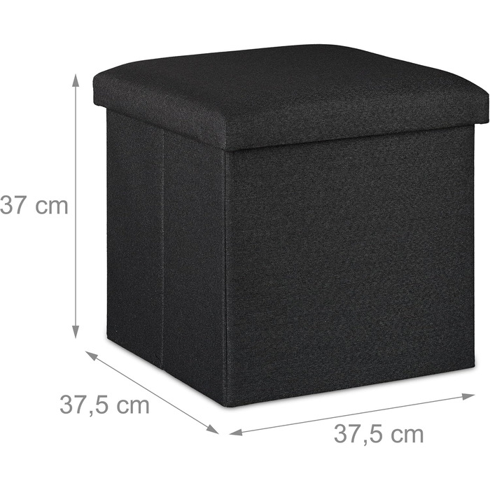 Relaxdays faltbarer Sitzhocker mit Stauraum, gepolstert, eckig, Stoff, 37x37,5x37,5 cm, schwarz