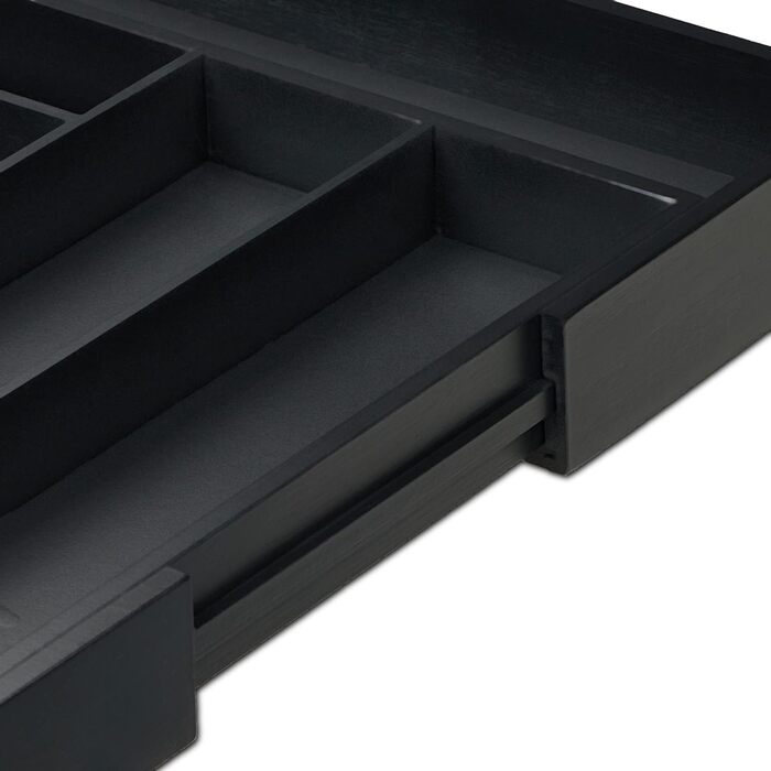 Relaxdays Besteckkasten, Bambus, HBT 6,5 x 35-58 x 43,5 cm, 6-8 Fächer, schwarz