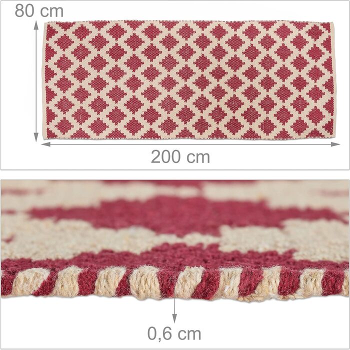 Relaxdays Teppich, Baumwolle, 80x200 cm, rutschfest, handgewebt, Rauten Muster, Teppichläufer, Flur, Küche, (Beige/Rot)