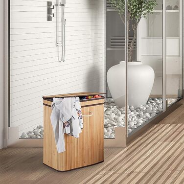 Relaxdays Wäschekorb Bambus, rechteckiger Wäschesortierer, 2 Fächer, mit Klappdeckel, platzsparend faltbar, 95 l, weiß
