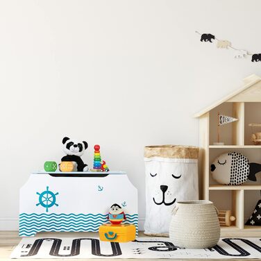 Relaxdays Spielzeugtruhe Seemann, Spielzeugkiste mit Deckel, HBT: 46 x 84 x 42,5 cm, Bücherfach, Spielzeugbox, weiß/blau
