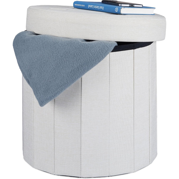 Relaxdays faltbarer Sitzhocker mit Stauraum, rund, 38x38x38 cm, creme