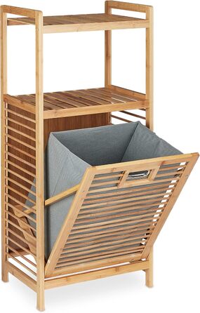 Relaxdays Badregal mit Wäschekorb, 2 Ablagen, kippbarer Sammler, Bambus & Stoff, 95x40x30 cm, Natur/grau