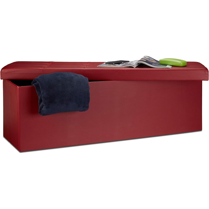 Relaxdays Faltbare Sitzbank XL Kunstleder, 38x114x38 cm, Sitztruhe mit Stauraum, Dunkelrot