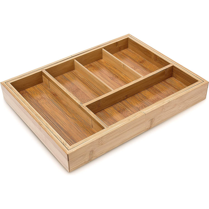 Relaxdays Besteckkasten ausziehbar HBT: 5 x 48,5 x 28 cm Besteckeinsatz aus Bambus mit 5 bis 7 Fächern als Küchenorganizer un