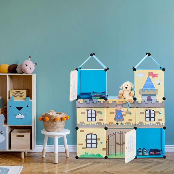 Relaxdays Steckregal Kinderzimmer, coole Ritterburg, Kunststoff, Kinderschrank mit Türen, HxBxT: 128 x 110 x 37 cm, bunt