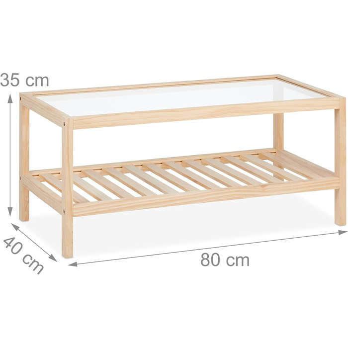 Relaxdays Couchtisch, Wohnzimmertisch mit Glasplatte, Holz, HBT 35 x 80 x 40 cm, rechteckiger Sofatisch, 2 Etagen, Natur