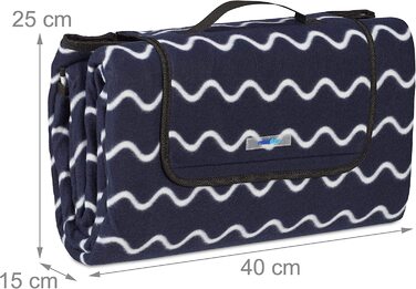 Relaxdays XXL Picknickdecke, 200x200 cm, Fleece Stranddecke, wärmeisoliert, wasserdicht, mit Tragegriff, dunkelblau/weiß