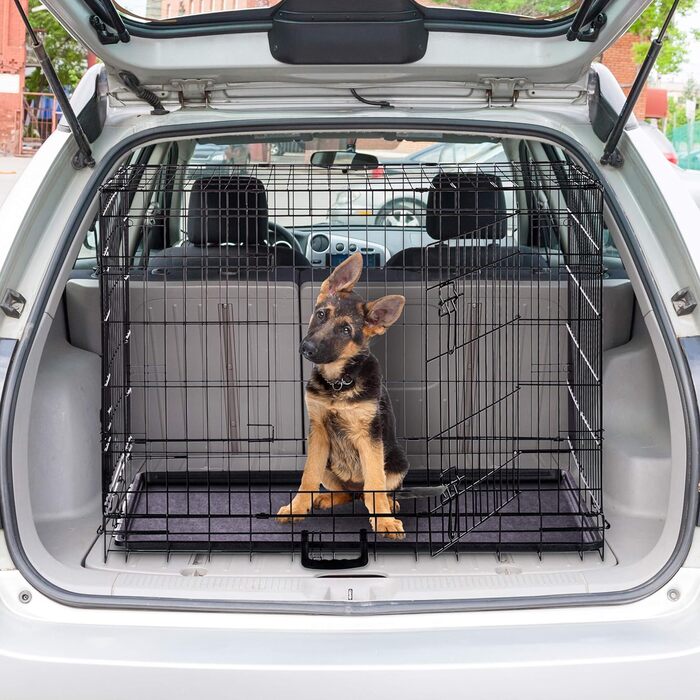 Relaxdays Hundekäfig, Faltbare Hundetransportbox Auto, Welpenkäfig, 2 Türen, Bodenschale, Drahtkäfig Metall, M, Schwarz Schwarz M