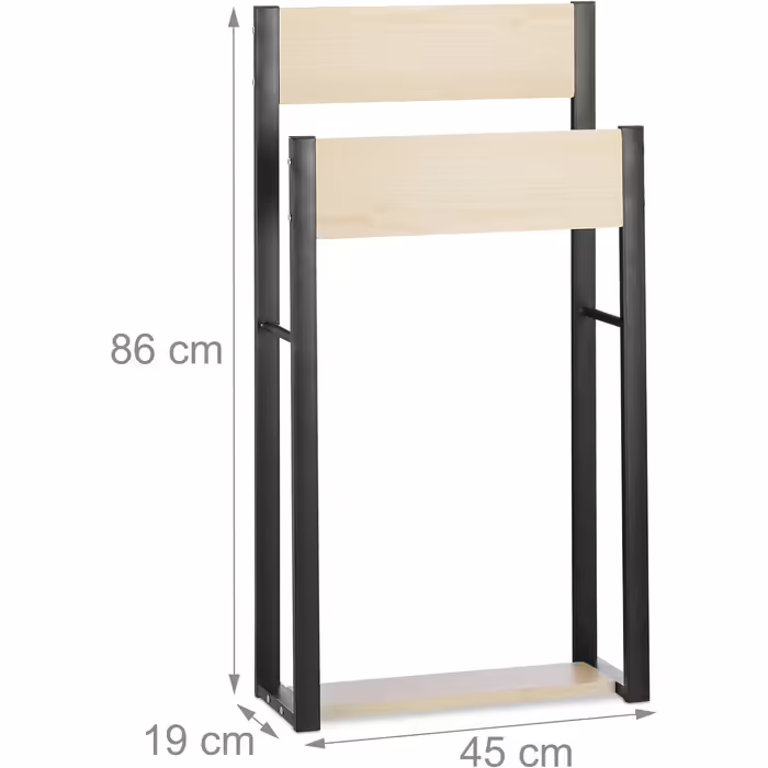 Relaxdays Handtuchhalter stehend, U-Design, 2 Ablagen, HxBxT: 86x45x19 cm, Holz + Stahl, natur