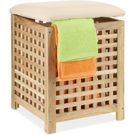 Relaxdays Wäschekorb mit Sitz, Walnussholz, Stoff, HxBxT: 50 x 39 x 39 cm, 45 l Wäschebox, Badhocker mit Stauraum, Natur
