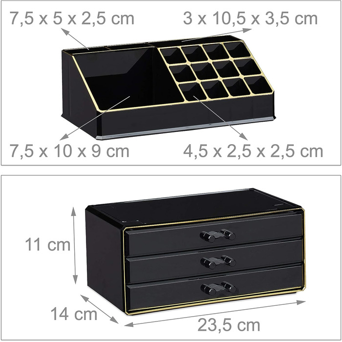 Relaxdays Make Up Organizer klein, 2-teilige Schminkaufbewahrung mit Schubladen, stapelbares Kosmetikregal, schwarz/Gold, 1 Stück