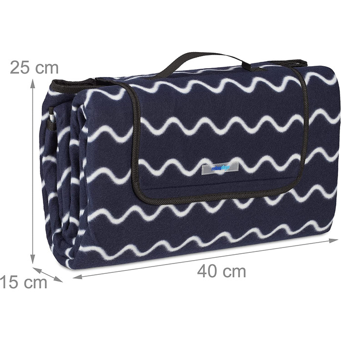 Relaxdays XXL Picknickdecke, 200x200 cm, Fleece Stranddecke, wärmeisoliert, wasserdicht, mit Tragegriff, dunkelblau/weiß