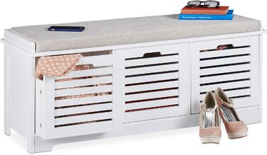 Relaxdays Sitzbank mit Stauraum, 3 Körbe & Sitzkissen, Landhausstil, 44x105x35 cm, weiß
