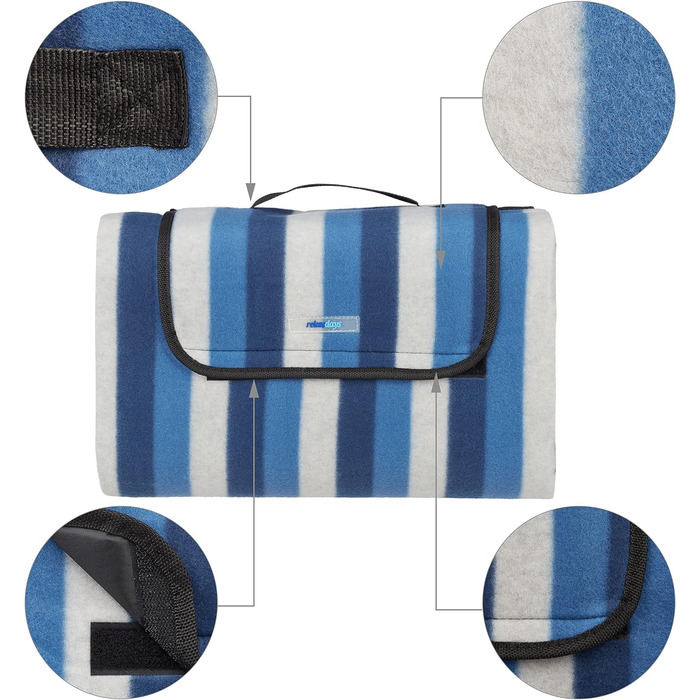 Relaxdays XXL Picknickdecke, 200 x 200 cm, Fleece Stranddecke, wärmeisoliert, wasserdicht, mit Tragegriff, blau/weiß