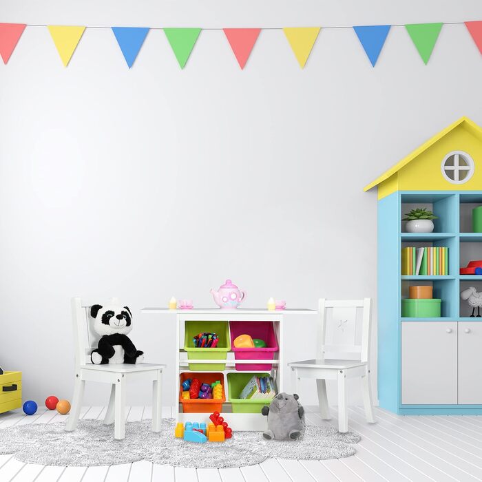 Relaxdays Kindersitzgruppe, Tisch mit 2 Stühlen, Stauraum, für Mädchen & Jungen, Kinderzimmer, weiß