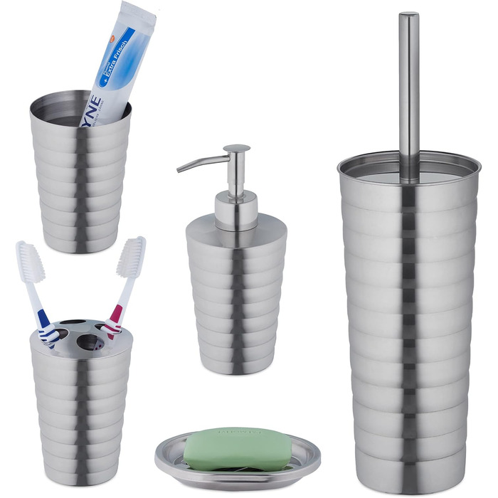 Relaxdays 5-tlg. Badezimmer Set, Edelstahl poliert, moderne Badaccessoires, Silber