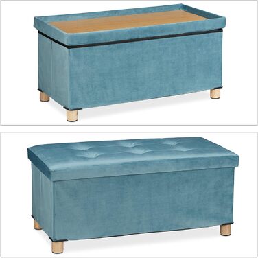 Relaxdays Sitzbank mit Stauraum, Samt, Holzfüße, bis 120 kg, faltbar, 34x76x38 cm, Türkis
