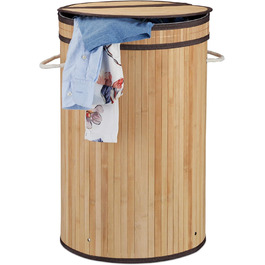 Relaxdays Wäschekorb Bambus, runder Wäschesammler mit Klappdeckel, 65 l, faltbare Wäschetonne, rund Ø 40 cm, (Natur)